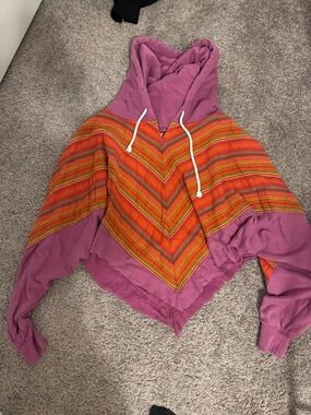 Free People Pink Hooded Varsity-Style Poncho Jacket with Orange & Red Stripes
